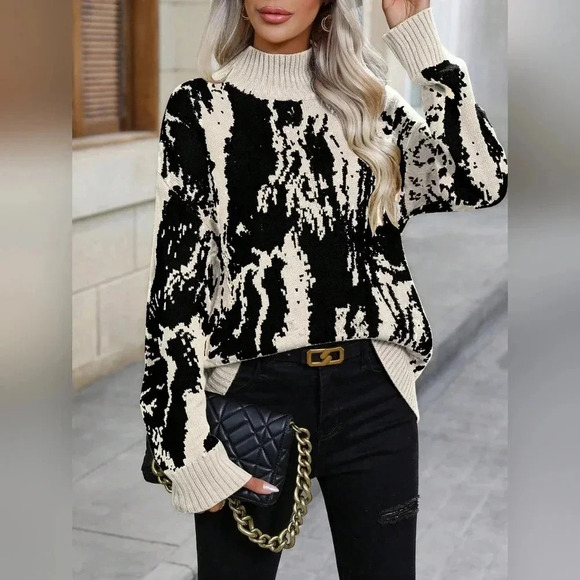 Graphic Pattern Mock Neck Drop Shoulder Sweater - Picture 1 of 6